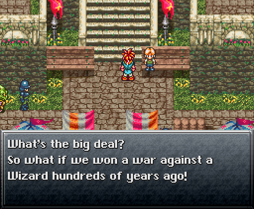 Crono, from Chrono Trigger, speaks to an NPC, in the game's local scene