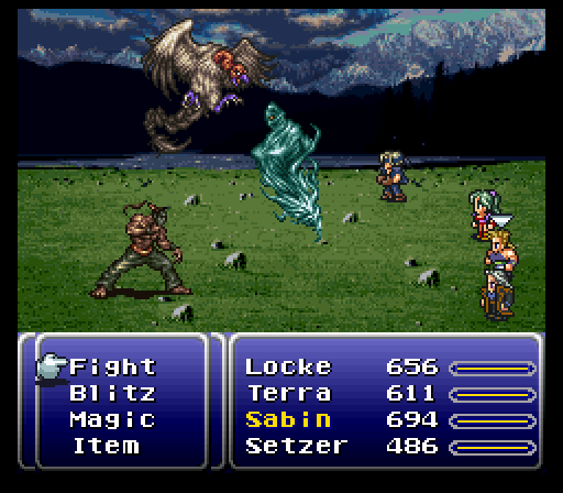 Combat in FFVI. Note the cartoonish player characters versus the more realistic enemies and background.