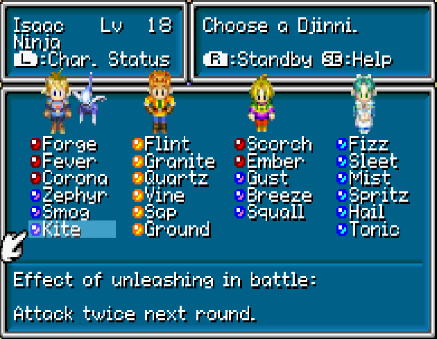 One of Golden Sun's character customization screens