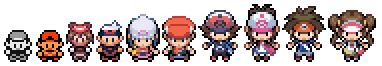 Player characters from various Pokémon games. Note the large heads and very short legs.