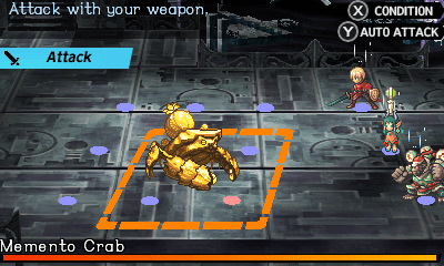 Stocke, Aht and Gafka from Radiant Historia: Perfect Chronology fight a Memento Crab, in the game's battle scene